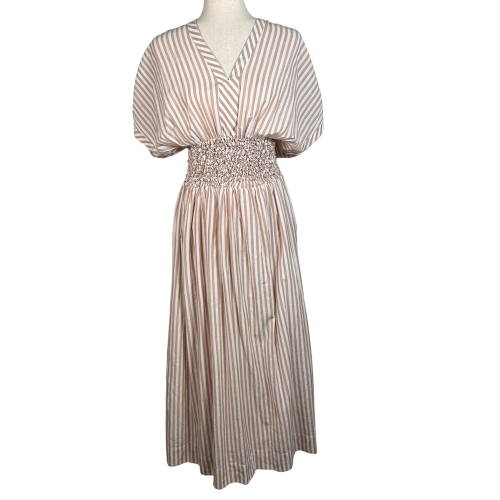 MIRTH Striped Maxi Dress Womens Size S Tan White Cotton Coastal Smocked V-Neck